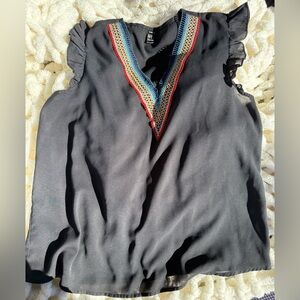 SHEIN Black Blouse with Embroidered V-Neck